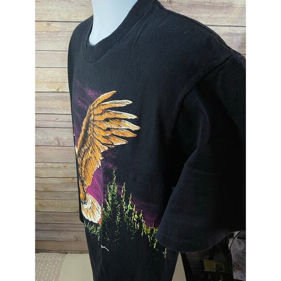 VTG 90s Hazelwood Eagle Scenic T-Shirt Adult Large Black Double Sided Print USA - Picture 2 of 13